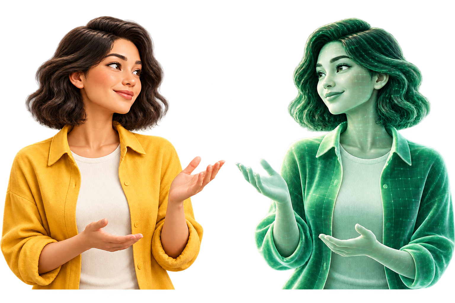 A person beside a green illustrated AI representation of themselves